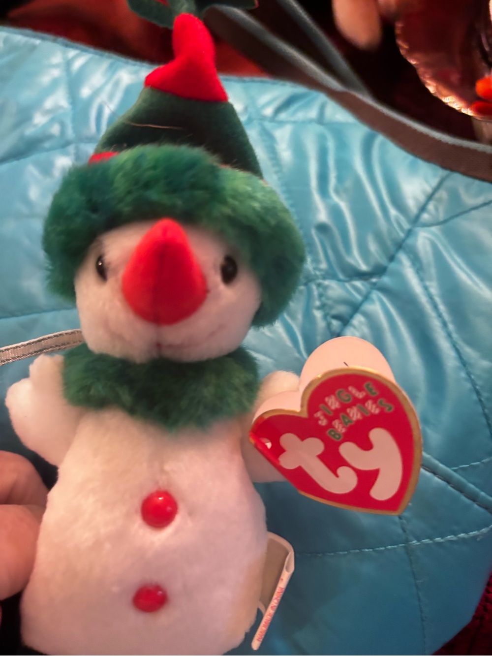 RARE Ty White Snowman Beanie Baby with Red and Green Accents